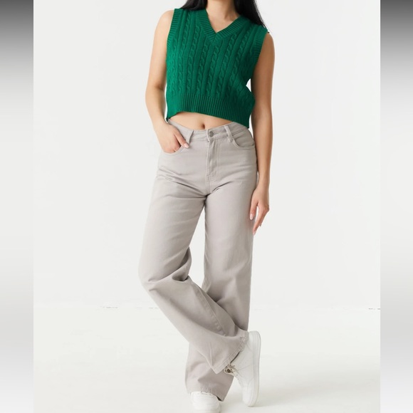 Cropped Cable Knit Vest LOT V Neck Sweater Vintage Y2K Retro XL White Green Crop - Picture 6 of 7